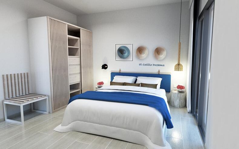 Voorbeeld van een slaapkamer in de kleinschalige appartementen van Lacasa Apartments Cotillo op Fuerteventura